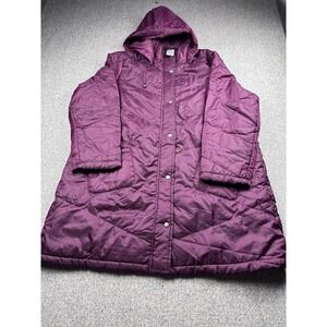 Women's Burgundy Hooded Puffer Coat Long Quilted Winter Jacket Snap Front